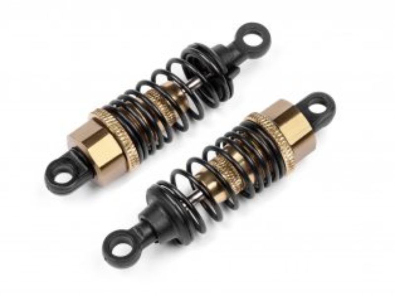 Matte amber gold anodized aluminum shocks for Maverick Strada TC/DC, enhancing durability and suspension performance.