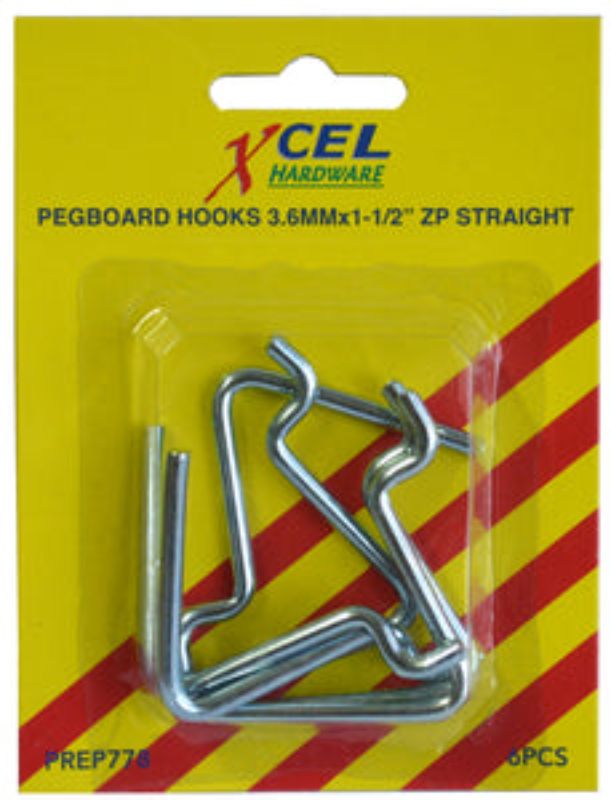 Set of six durable straight pegboard hooks for efficient organization of tools and supplies in any workspace.