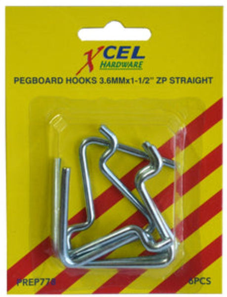 Set of six durable straight pegboard hooks for efficient organization of tools and supplies in any workspace.