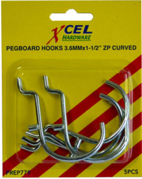 Five durable curved pegboard hooks for efficient tool and supply organization in workshops or craft rooms.