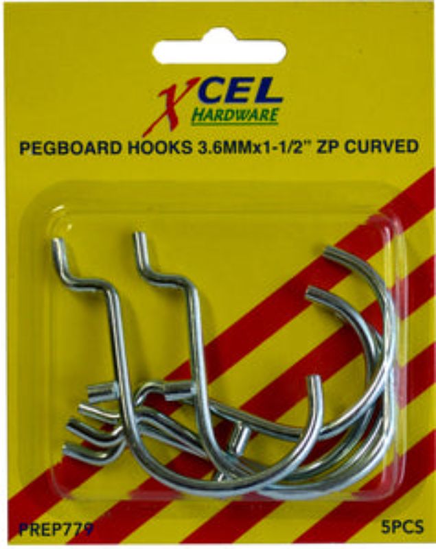 Five durable curved pegboard hooks for efficient tool and supply organization in workshops or craft rooms.