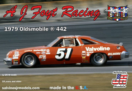 1/25 scale model kit of the 1979 Oldsmobile 442, honoring A.J. Foyt Racing with detailed parts and assembly instructions.