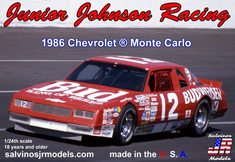 1/25 scale plastic model kit of the 1986 Chevrolet Monte Carlo, featuring intricate details and authentic decals.