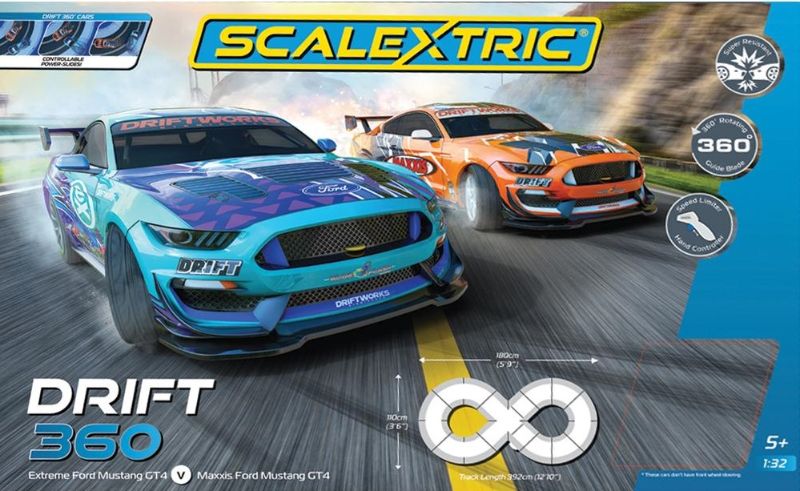 Scalextric Drift 360 Mustang GT4's slot car set featuring detailed cars, customizable track, and advanced drifting technology.