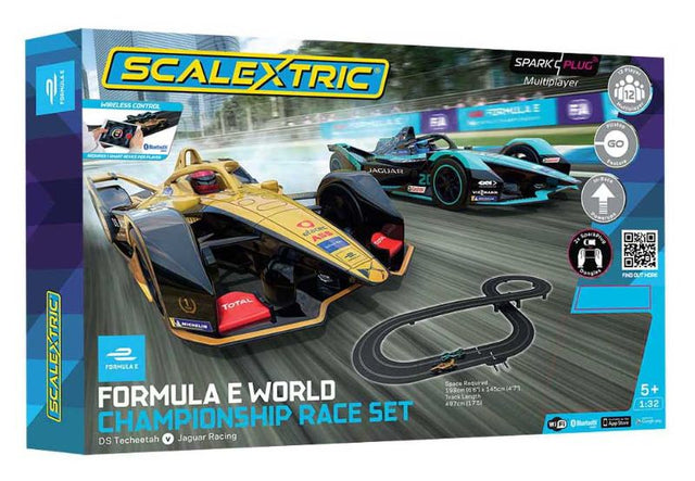 Scalextric Spark Plug Formula E Race Set, featuring 12-player electric racing with strategic pit crew roles and challenges.