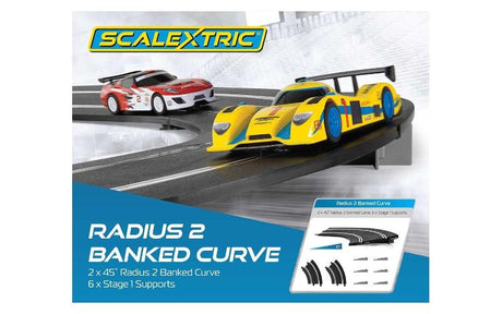 Scalextric Radius 2 Banked Curve set with two 45-degree curves and supports for fast, thrilling slot car racing.