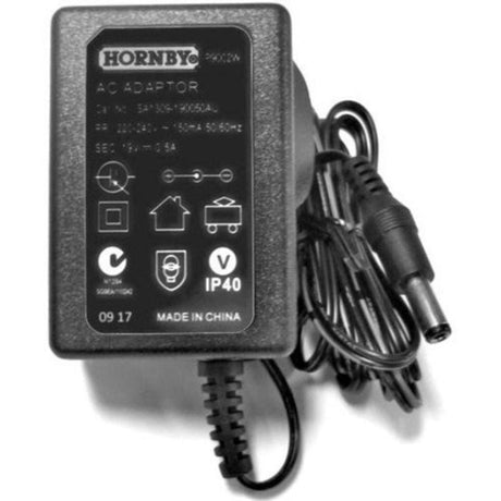 Hornby Analog 19V 0.5A Power Supply for model trains with stereo plug, ensuring reliable and smooth operation.