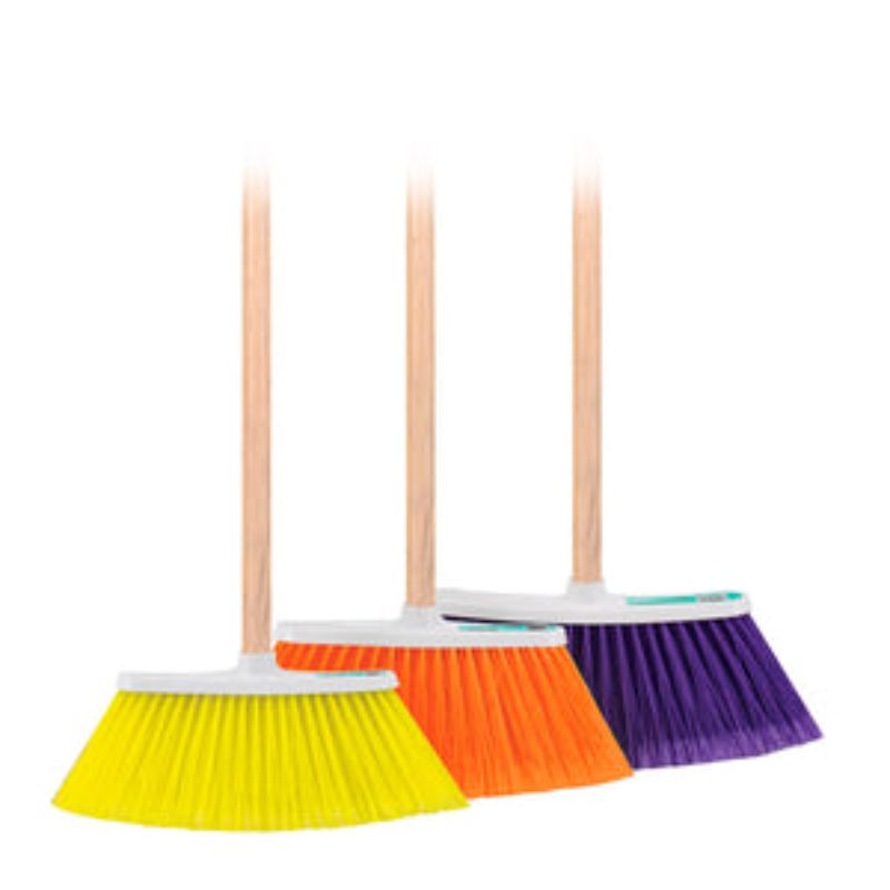 Long soft bristle broom with handle for efficient cleaning on hardwood, tile, and carpet surfaces.