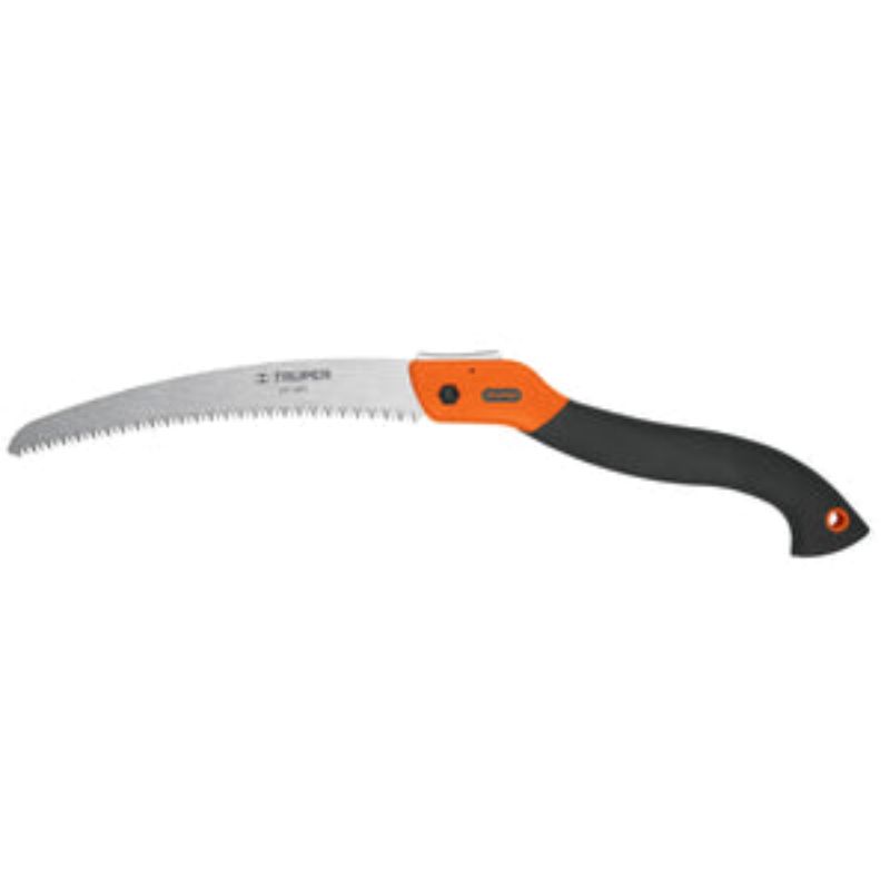 Folding pruning saw with a 250mm curved blade for efficient tree trimming and gardening tasks.