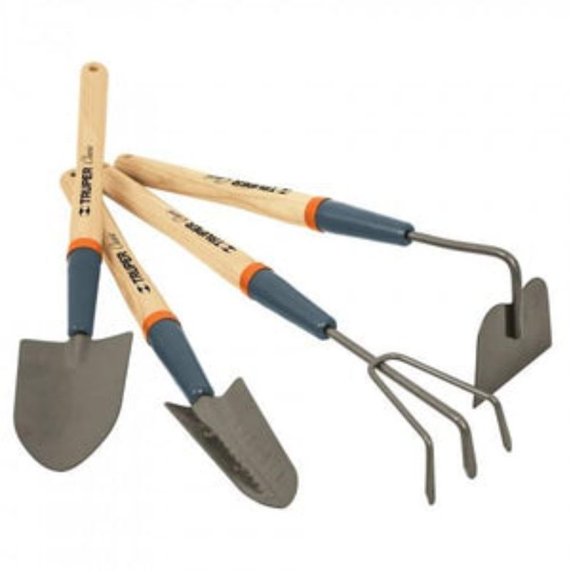 Truper 4-piece garden hand tool set with long 375mm handles for efficient planting, weeding, cultivating, and pruning.