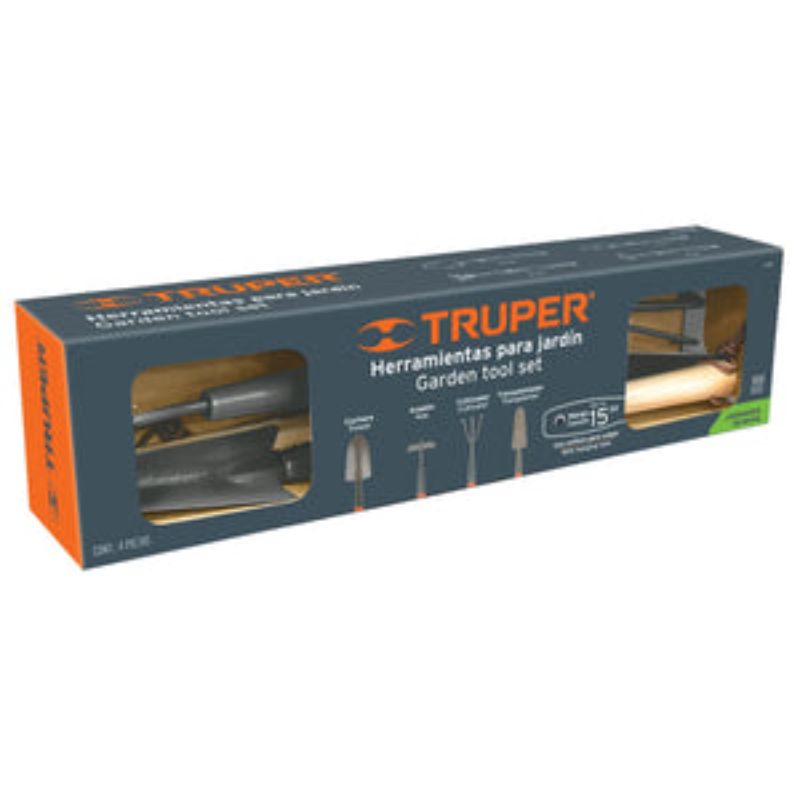 Truper 4-piece garden tool set with 375mm long handles for ergonomic gardening, ideal for various tasks and enhanced comfort.