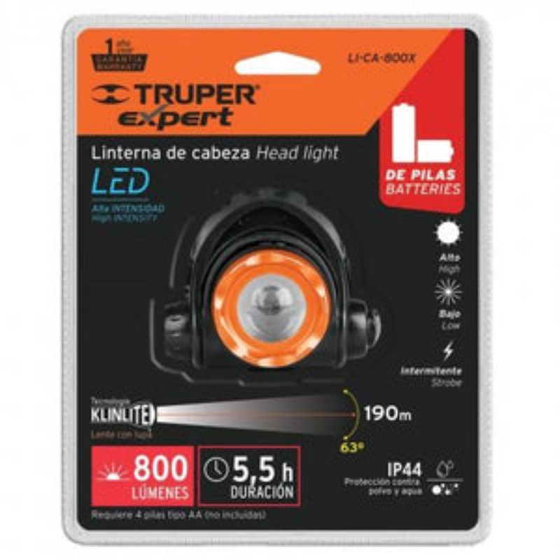 Truper 800 Lumen LED headlight with 3.5hr runtime, perfect for camping and outdoor adventures.