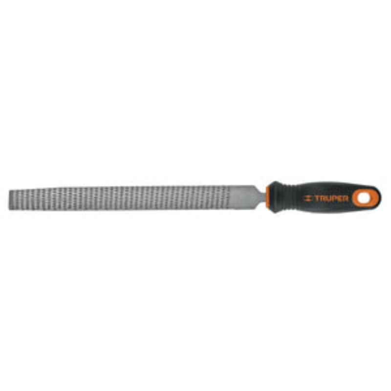 Truper Half Round Bastard Cut Rasp 250mm with ergonomic handle, ideal for shaping and smoothing wood and metal surfaces.
