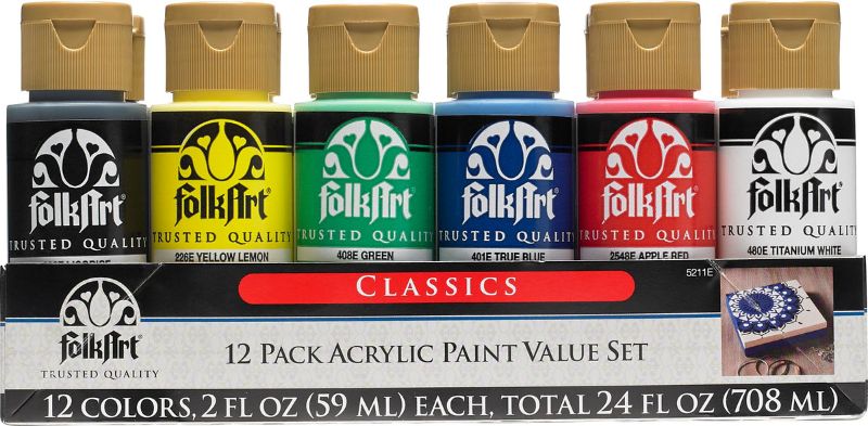 Folk Art Acrylic Paint 2oz/59ml Classics - Set Of 12 (2 X 6 Colours)