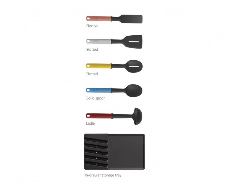 Joseph Joseph Elevate Store Utensil Set featuring weighted handles, heat-resistant heads, and a smart in-drawer organizer.