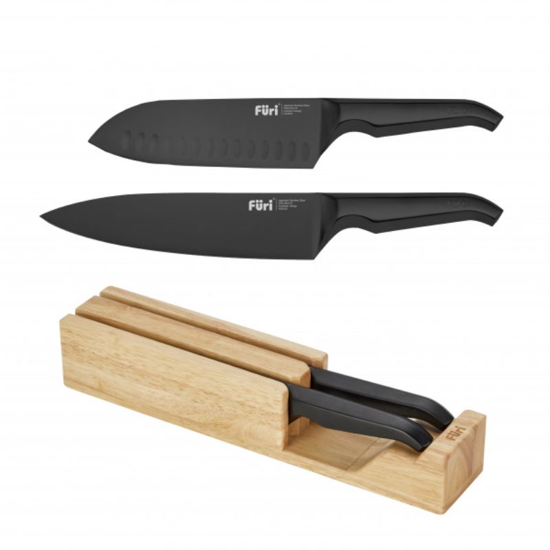 Furi Jet Black Knife Set: 3 premium knives with scratch-resistant finish and stylish in-drawer block for safe storage.