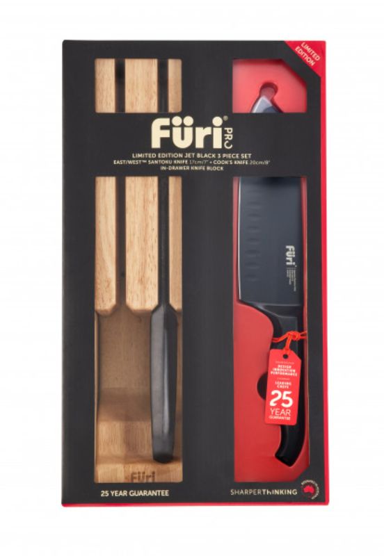Furi Jet Black 3-piece knife set with Santoku and Cook's knives, featuring scratch-resistant design and sleek in-drawer block.