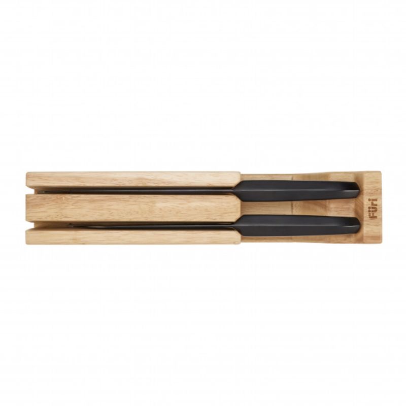Furi Jet Black 3-piece knife set featuring a Santoku knife, Cook's knife, and stylish in-drawer block for safe storage.