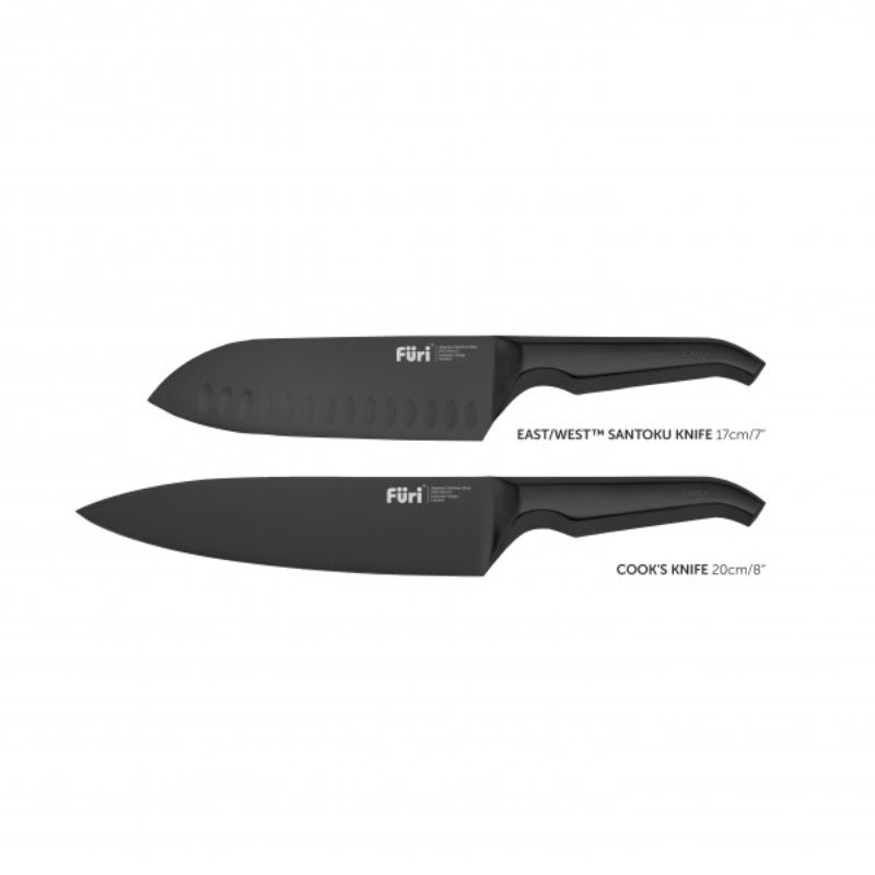 Furi Jet Black 3-piece knife set featuring a 17cm Santoku, 20cm Cook's knife, and stylish in-drawer block for elegant storage.