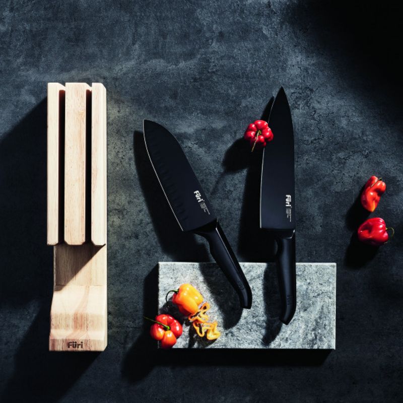Furi Jet Black 3-piece knife set with Santoku, Cook's knife, and stylish in-drawer block for superior cutting performance.