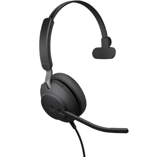 Jabra Evolve2 40 SE Mono Wired Headset with on-ear design, soft padding, USB-A connectivity, ideal for professionals.