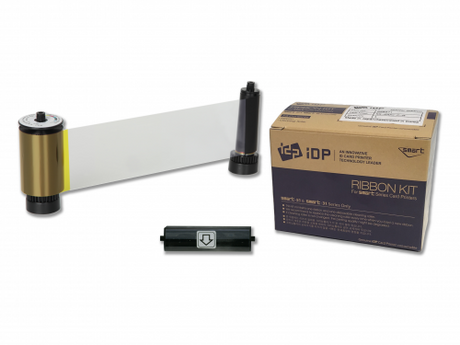 Full-color UV panel ribbon with cleaning roller, ideal for vibrant IDP printer ID cards, prints 200 cards per roll.