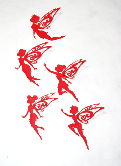 Set of 5 vibrant red flying fairy wall art pieces, perfect for adding whimsical charm to any room.