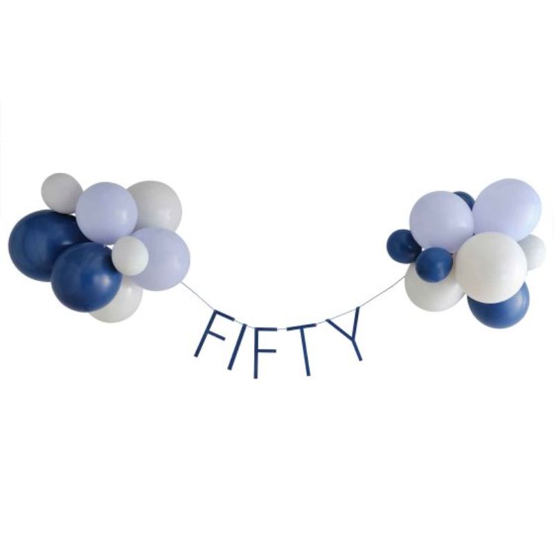 Navy balloon bunting for 50th birthday celebrations, adding elegance and cheer to any party backdrop.