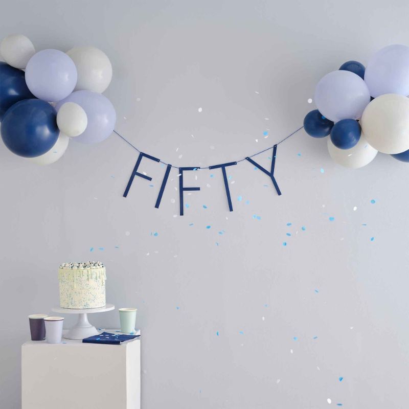 Navy balloon bunting for a 50th birthday celebration, adding elegance and cheer to any party backdrop.