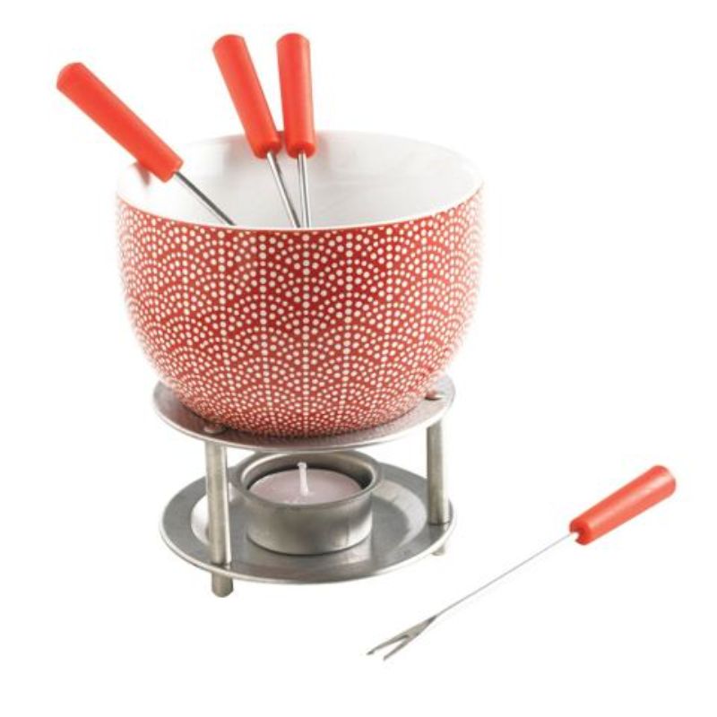 Mastrad Chocolate Fondue set in vibrant red, includes pot, stand, forks, and candle for delightful chocolate experiences.