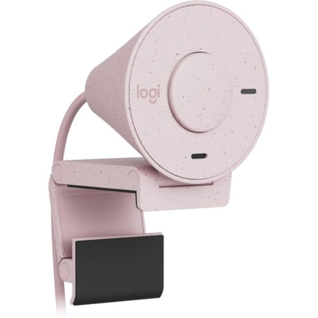 Logitech Brio 300 Full HD Webcam in rose color, featuring 1080p resolution and built-in noise-canceling microphone.