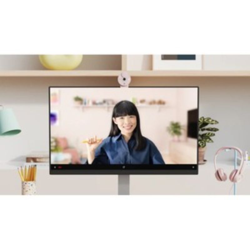 Logitech Brio 300 Full HD Webcam in rose, featuring 1080p resolution and built-in noise-canceling microphone.