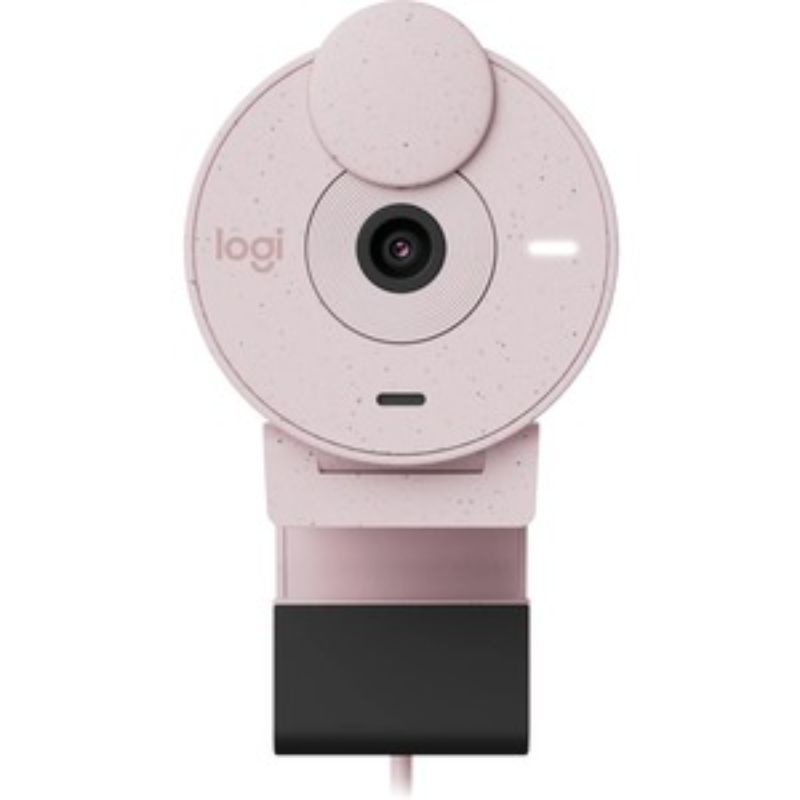Logitech Brio 300 Full HD Webcam in rose, 1080p with built-in microphone, ideal for video conferencing and streaming.