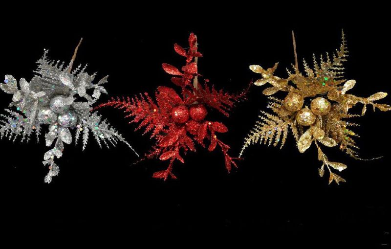 Artificial Fern Pick - Glittered with Berries (7")