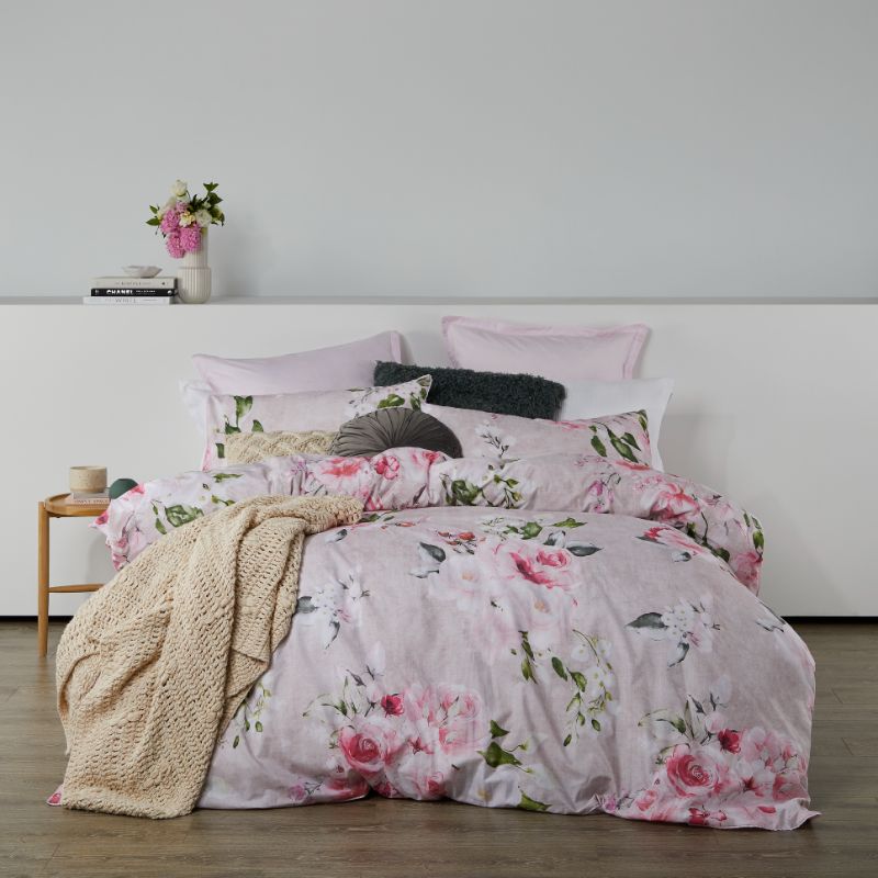 Cherub Pink duvet cover set with floral design, faux-linen texture, fits queen beds (210 x 210 cm) for a serene bedroom.