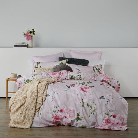 Cherub Pink duvet cover set with floral design, faux-linen texture, fits queen beds (210 x 210 cm) for a serene bedroom.