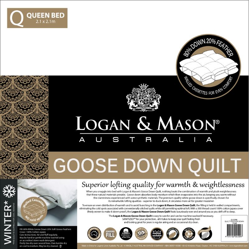 Duvet Inner - King Bed - 80% GOOSE DOWN 20% FEATHER (LOGAN & MASON)