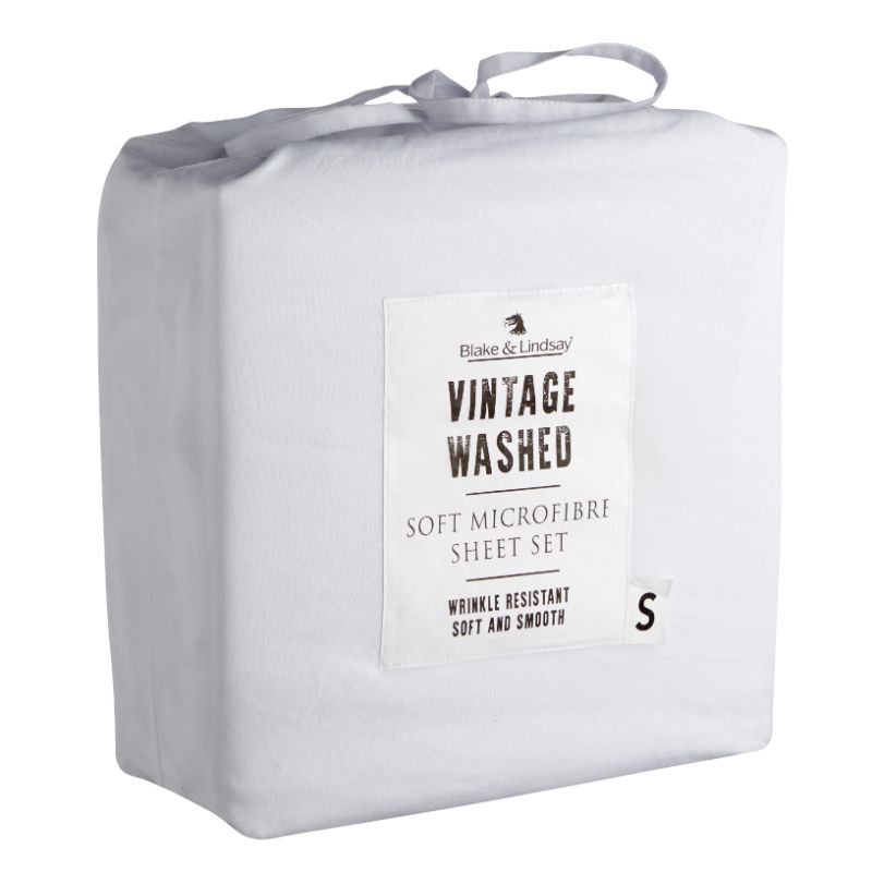 King Single Sheet Set in washed white microfiber for ultimate softness and elegance, includes fitted sheet and two pillowcases.