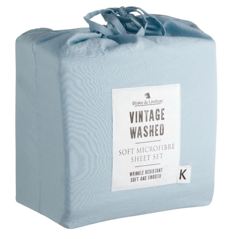 Queen sheet set in washed microfibre sky, featuring deep fitted sheet and elegant pillowcases for ultimate comfort.