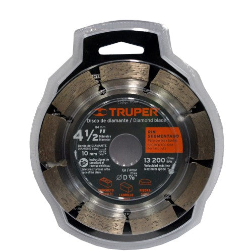 Truper Diamond Segmented Rim Blade for wet/dry cutting, designed for precision on concrete, brick, and stone.
