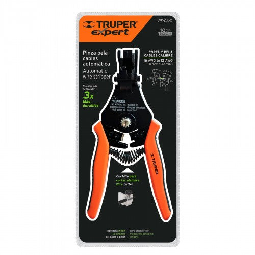 Self-adjusting wire stripping plier with SK5 steel blades and ergonomic handles for easy, precise wire stripping and cutting.