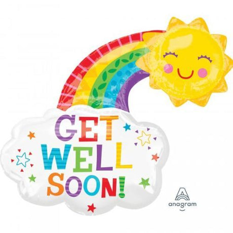 Vibrant 76cm Get Well Soon balloon featuring a colorful rainbow design, perfect for uplifting spirits and adding joy.