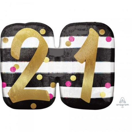 Pink and gold SuperShape balloon celebrating 21st milestone, perfect for birthday decor and keepsakes.