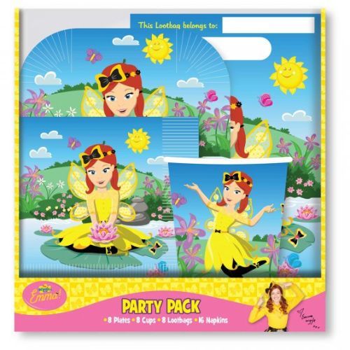 Vibrant 40-piece Emma Party Pack featuring plates, cups, napkins, and balloons for a delightful Wiggles-themed celebration.