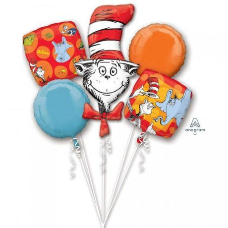 Colorful Bouquet Dr. Seuss foil balloons, including 1 special shape and 4 standard sizes for festive celebrations.