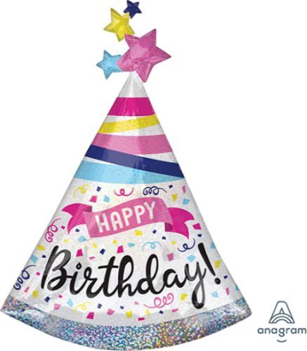 Holographic birthday hat and sparkle banner for festive celebrations.