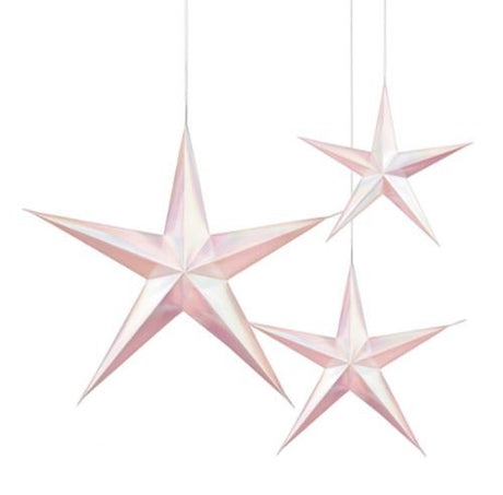 Pack of 3 iridescent white and pink hanging 3D stars in various sizes for enchanting decor at any event.