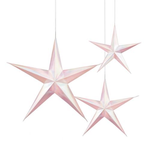 Pack of 3 iridescent white and pink hanging 3D stars in various sizes for enchanting decor at any event.