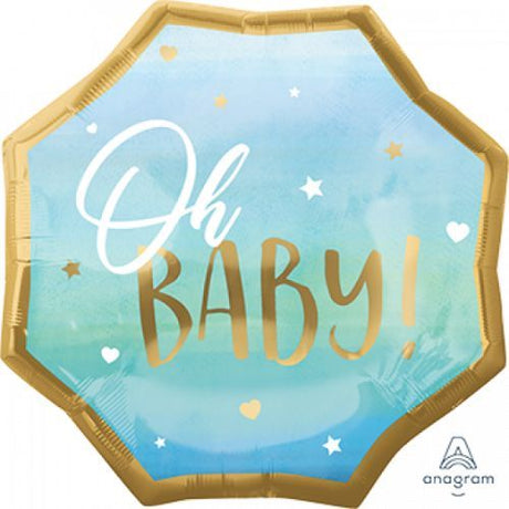 XL blue foil balloon for celebrating a baby boy, featuring 'Oh Baby' text and self-sealing for easy use.