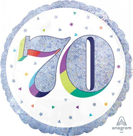 Holographic 45cm foil balloon celebrating a 70th birthday, self-sealing for easy use.
